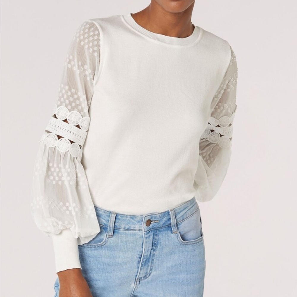 Sioni White Scoop Neck Sweater with Sheer Lace Balloon Sleeves